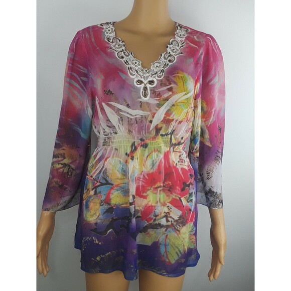Mushkaby By Sienna Top Blouse  Rose semi Sheer sequined Bead Purple Pink Lace S - Picture 1 of 11